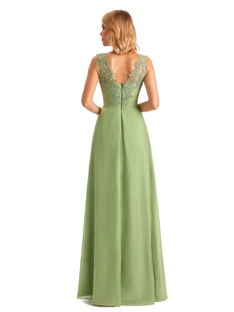 Elegant A-line Chiffon Lace Straps Applique Modern Long Mother of the Brides Dresses UK