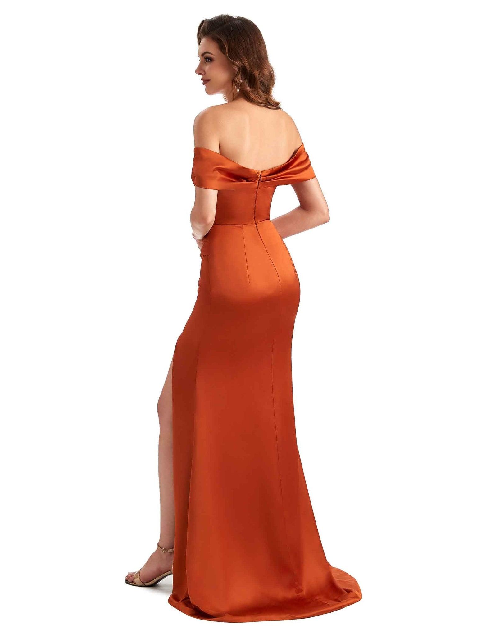 Silky Satin Off The Shoulder Mermaid Long Unique Bridesmaid Dresses With Slit UK