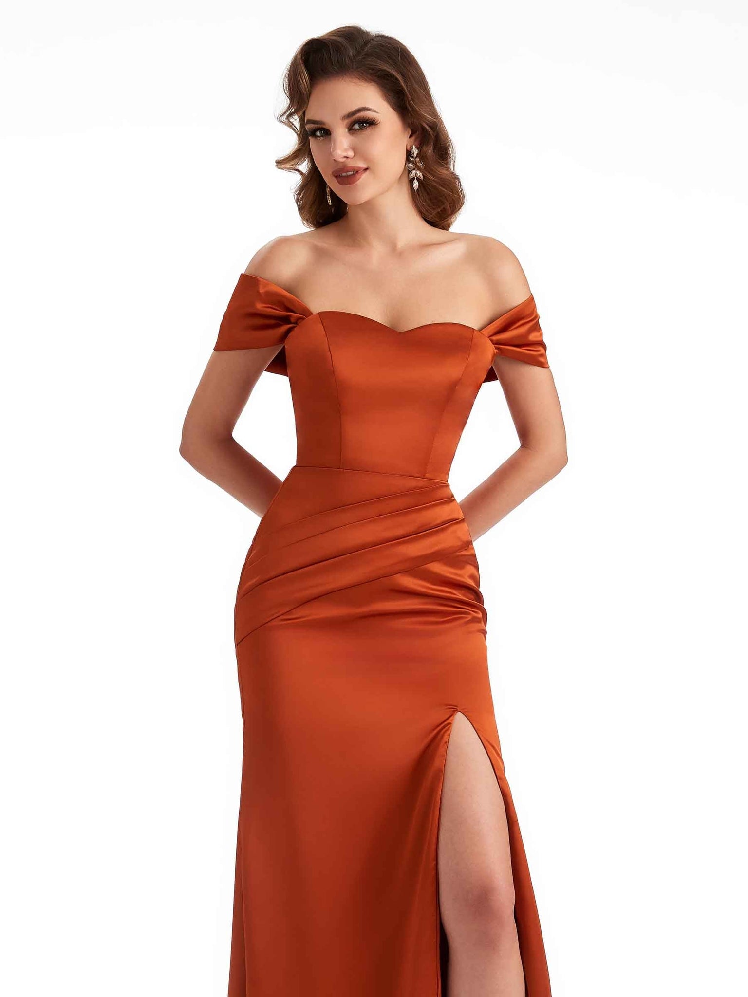Silky Satin Off The Shoulder Mermaid Long Unique Bridesmaid Dresses With Slit UK