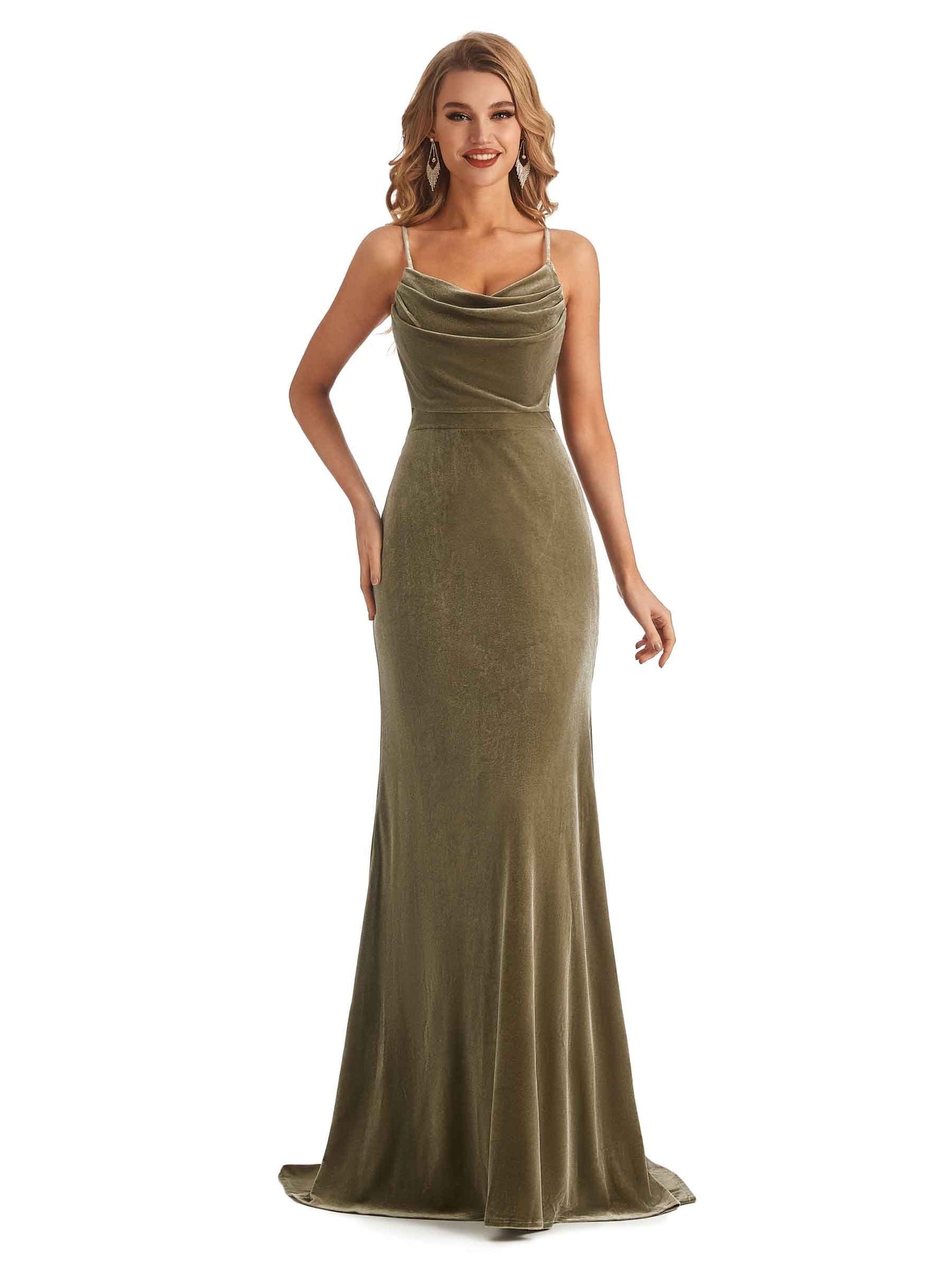 Elegant Mermaid Spaghetti Straps Cowl Velvet Side Slit Long Bridesmaid Dresses UK