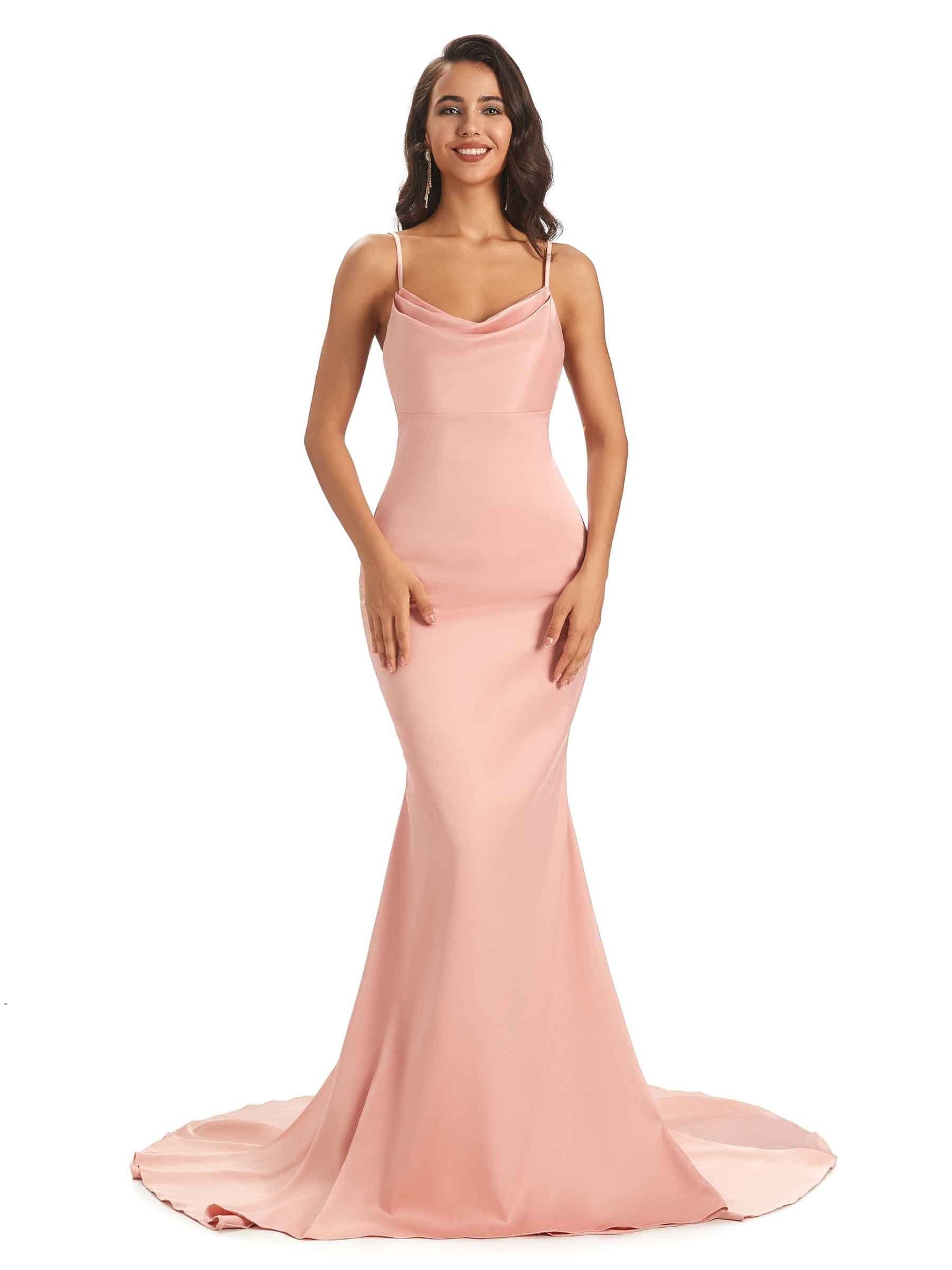 Sexy Stretch Satin Spaghetti Straps Cowl Neck Mermaid Bridesmaid Dresses UK Online