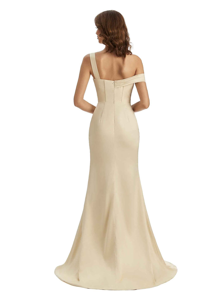 Unique Asymmetrical One Shoulder Soft Satin Side Slit Long Mermaid Bridesmaid Dresses