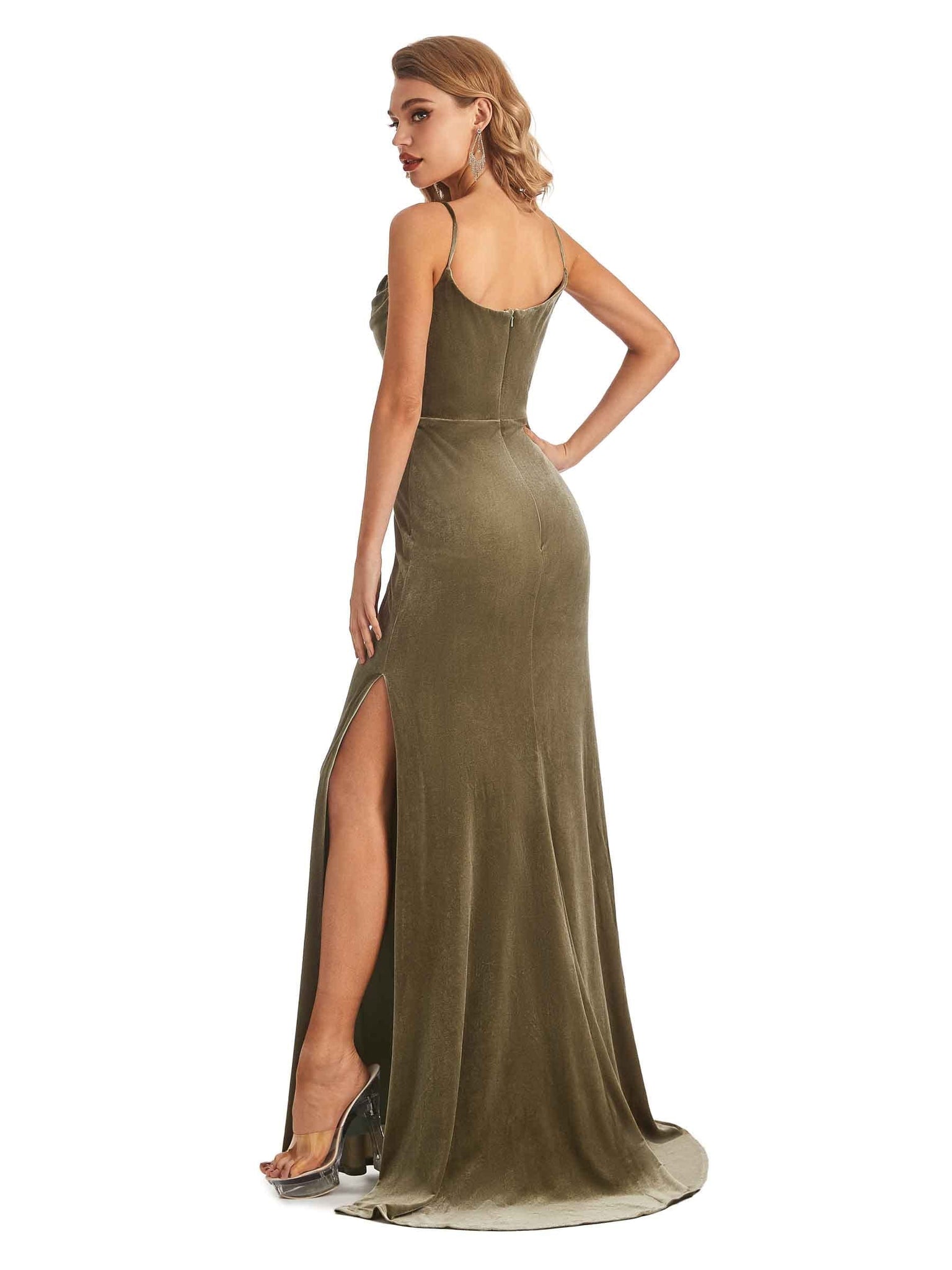 Elegant Mermaid Spaghetti Straps Cowl Velvet Side Slit Long Bridesmaid Dresses UK