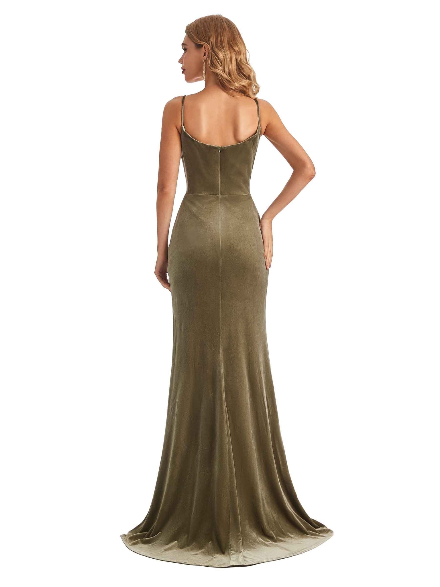 Elegant Mermaid Spaghetti Straps Cowl Velvet Side Slit Long Bridesmaid Dresses UK