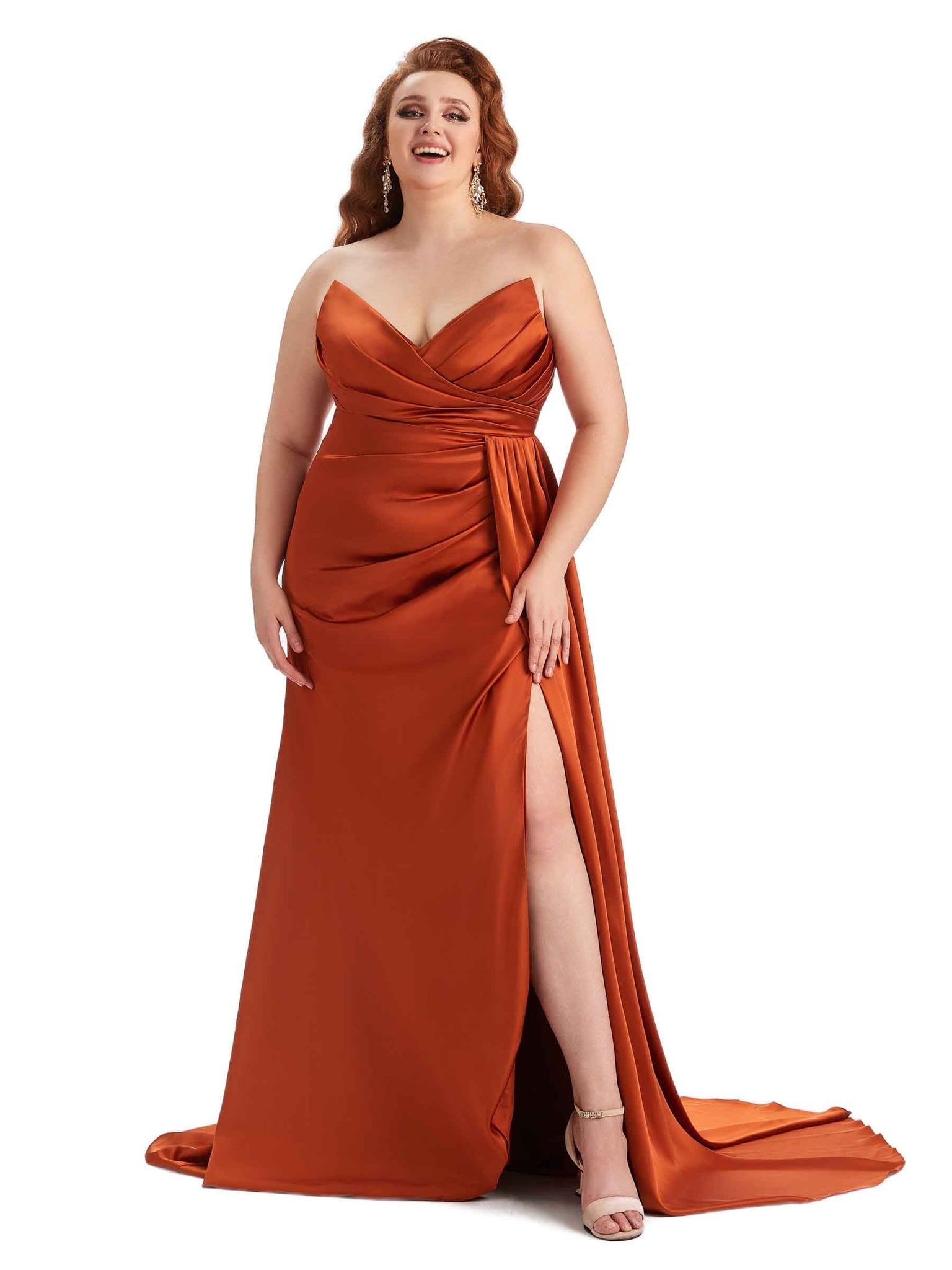 Sexy V-neck Side Slit Mermaid Soft Satin Long Plus Size Bridesmaid Gowns UK