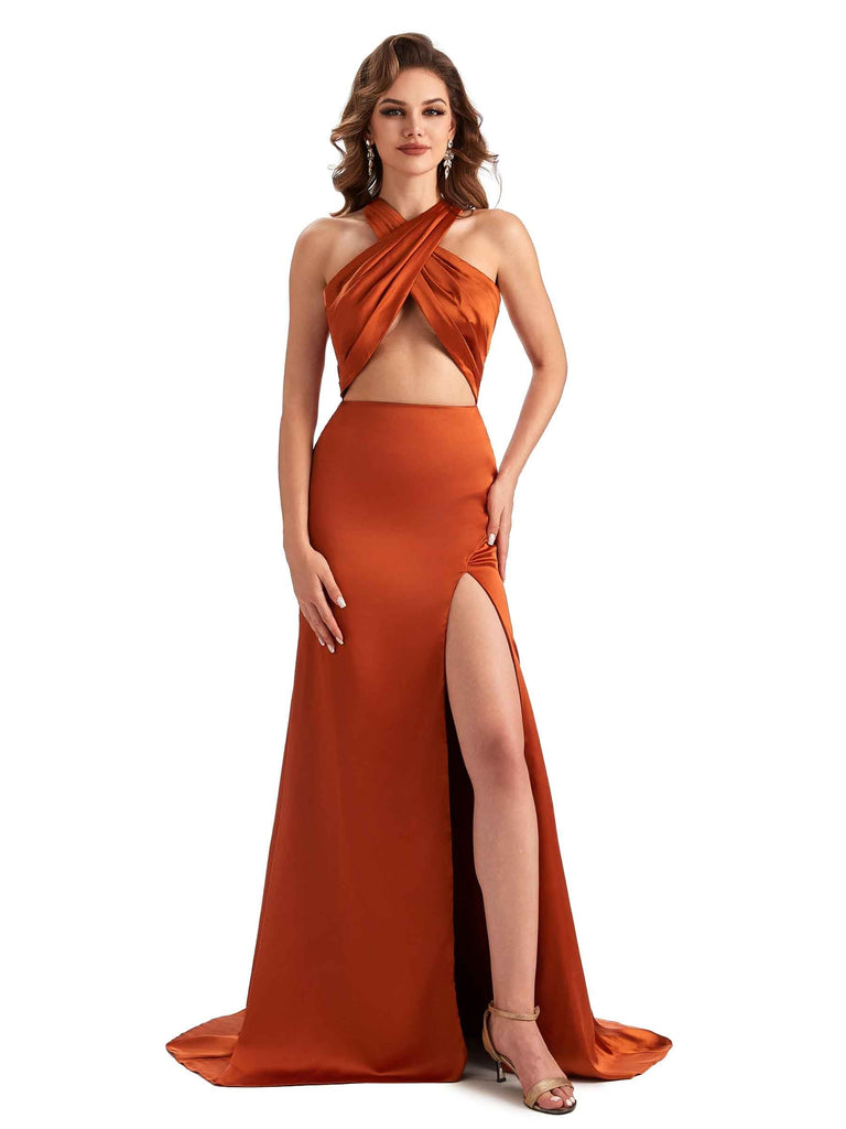 Sexy Side Slit Mermaid Criss Cross Unique Long Silky Satin Dress For Wedding