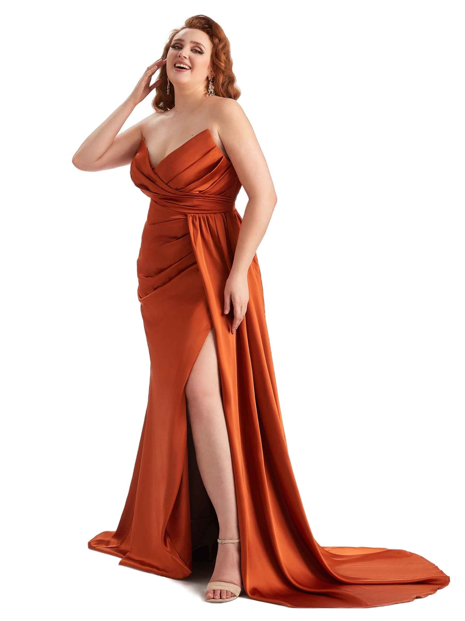 Sexy V-neck Side Slit Mermaid Soft Satin Long Plus Size Bridesmaid Gowns UK