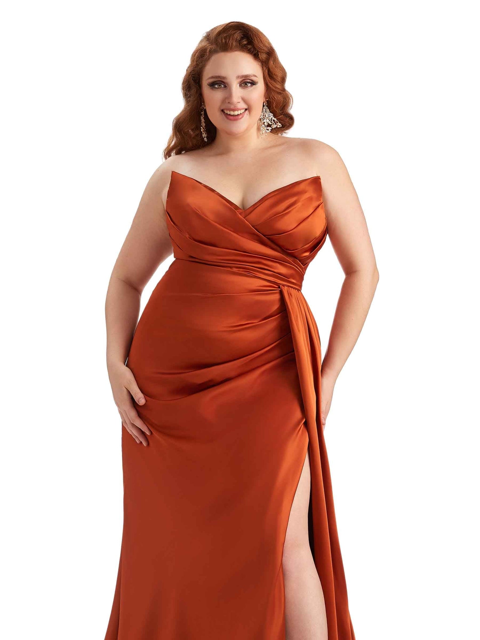 Sexy V-neck Side Slit Mermaid Soft Satin Long Plus Size Bridesmaid Gowns UK