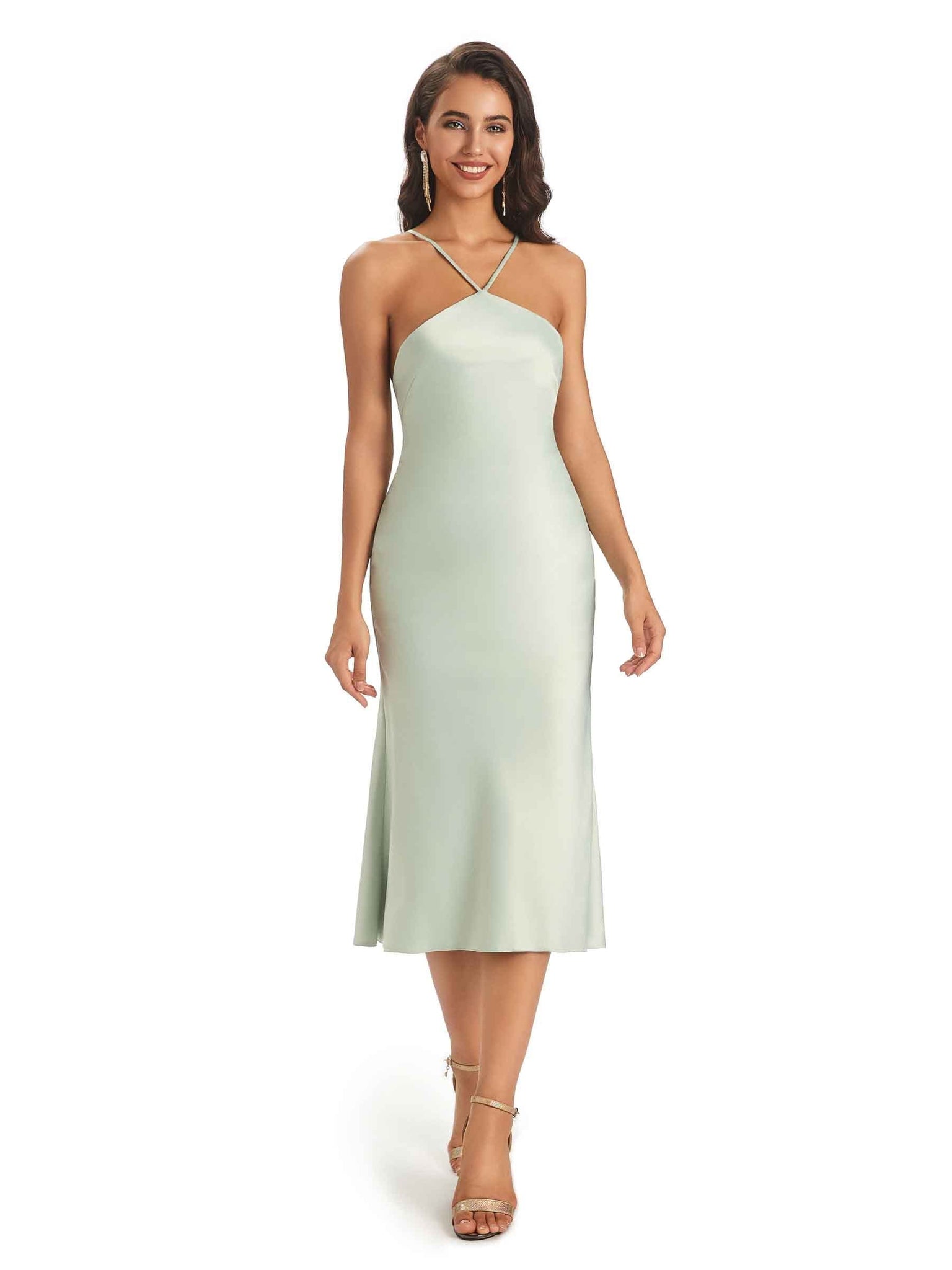 Sexy Soft Satin Side Slit Spaghetti Straps Midi Sheath Prom Dresses Online