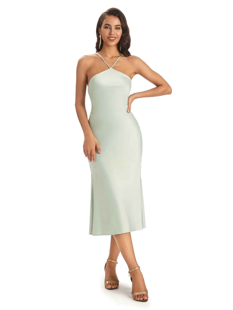 Sexy Soft Satin Side Slit Spaghetti Straps Midi Sheath Prom Dresses Online