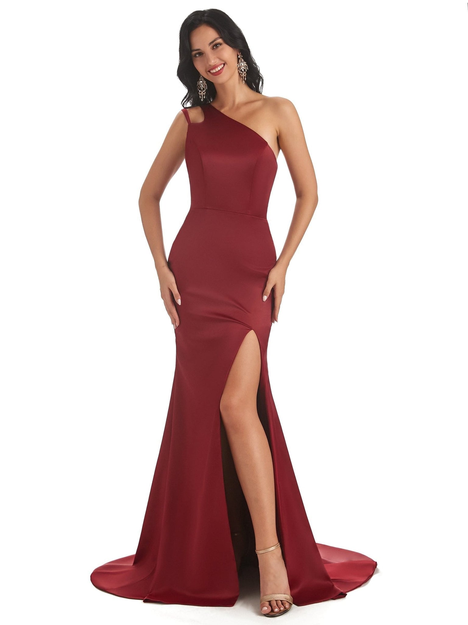 Sexy Silky Satin Side Slit One Shoulder Long Mermaid Bridesmaid Dresses Online UK