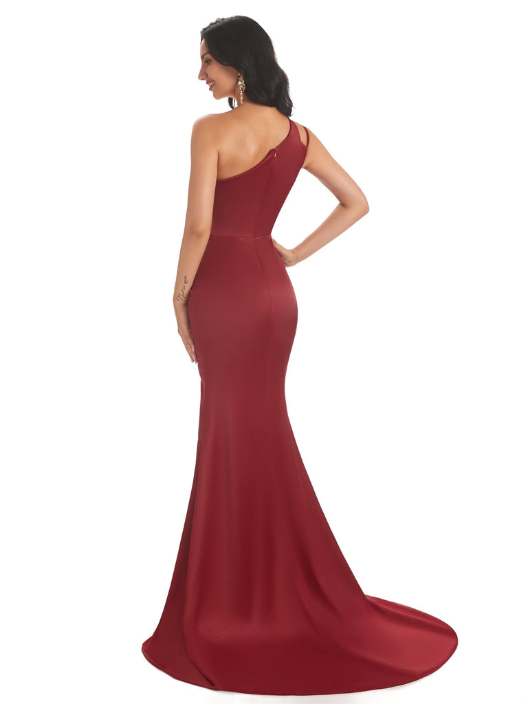 Sexy Soft Satin Side Slit One Shoulder Floor-Length Mermaid Prom Dresses