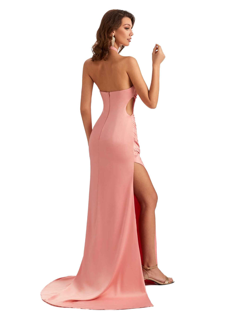 Sexy Side Slit Halter Mermaid Silky Satin Chic Long Formal Gown For Wedding Guest
