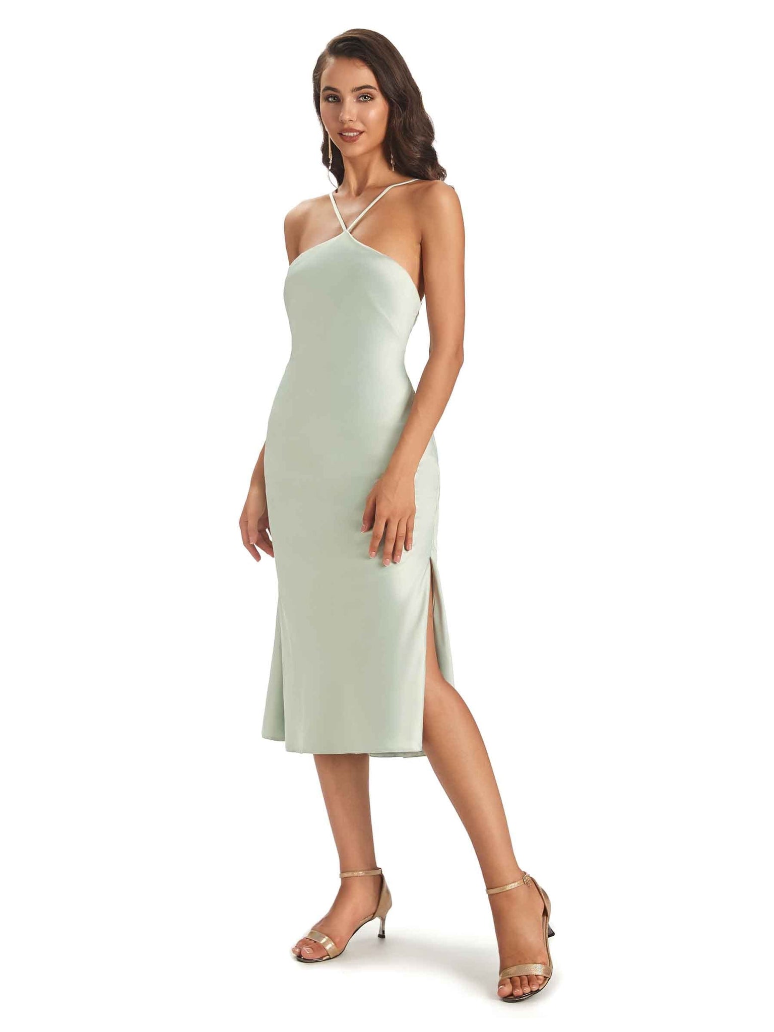 Sexy Soft Satin Side Slit Spaghetti Straps Midi Sheath Prom Dresses Online