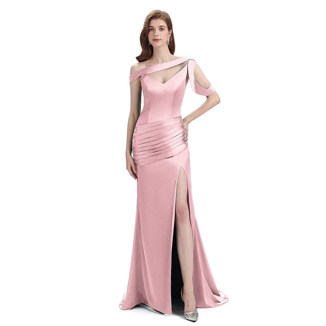 Sexy Side Slit Mismatched Blush Pink Soft Satin Mermaid Long Bridesmaid Dresses UK