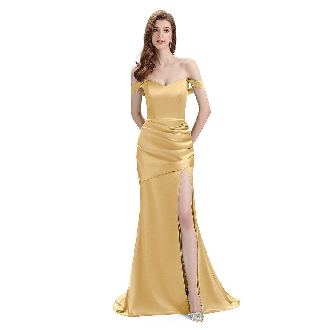 Sexy Side Slit Mismatched Soft Satin Mermaid Long Gold Bridesmaid Dresses UK