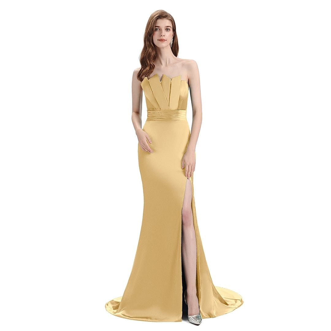 Sexy Side Slit Mismatched Soft Satin Mermaid Long Gold Bridesmaid Dresses UK
