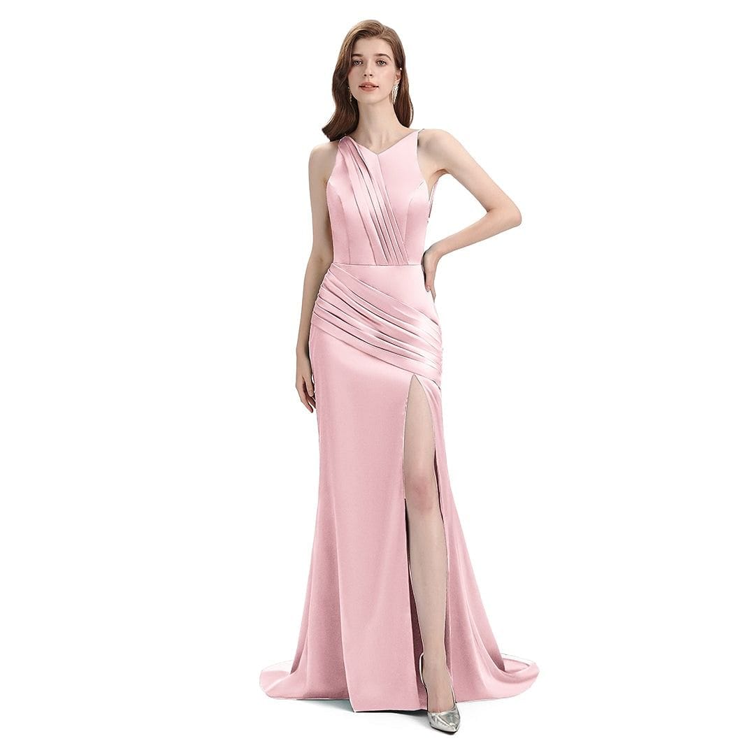 Sexy Side Slit Mismatched Blush Pink Soft Satin Mermaid Long Bridesmaid Dresses UK