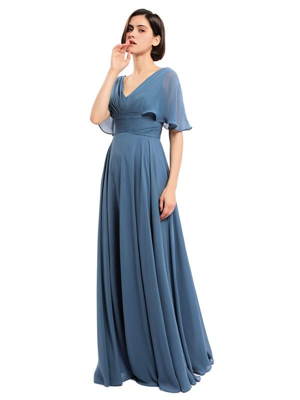 V-neck Cap Sleeves Sleeves Chiffon Long Bridesmaid Dresses