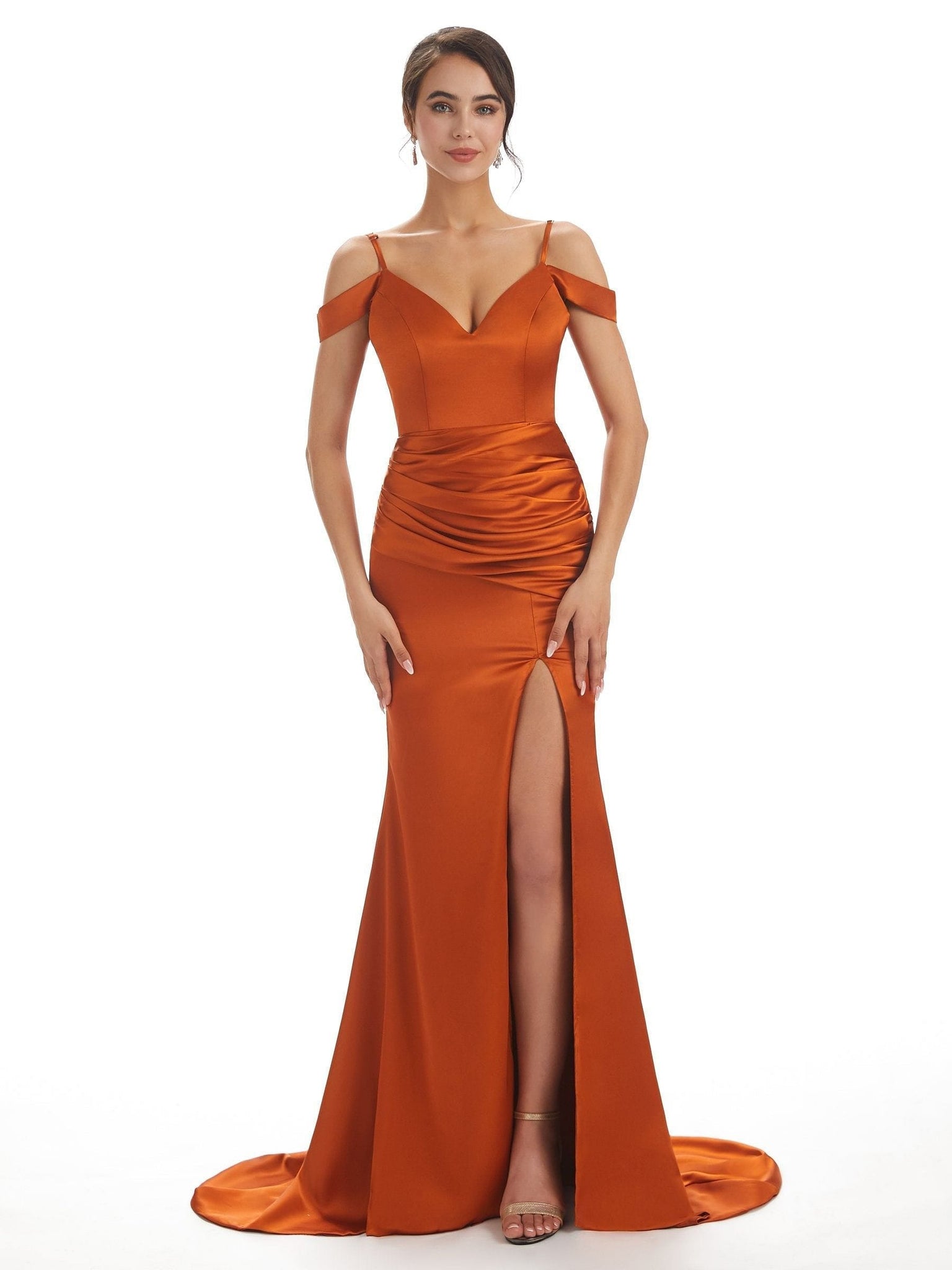 Sexy Cold Shoulder Silky Satin Side Slit Long Mermaid Bridesmaid Dresses UK