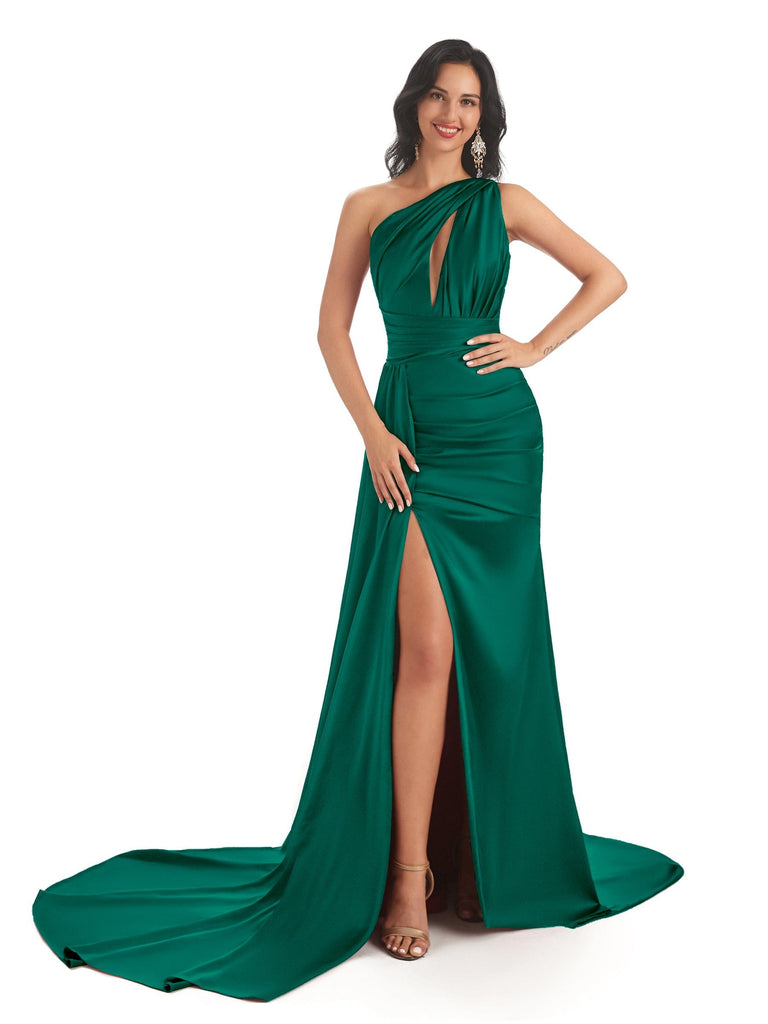 Mismatched Emerald Green Sexy Side Slit Mermaid Soft Satin Long Bridesmaid Dresses UK