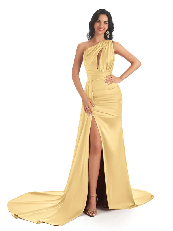 Mismatched Gold Sexy Side Slit Mermaid Soft Satin Long Bridesmaid Dresses Online