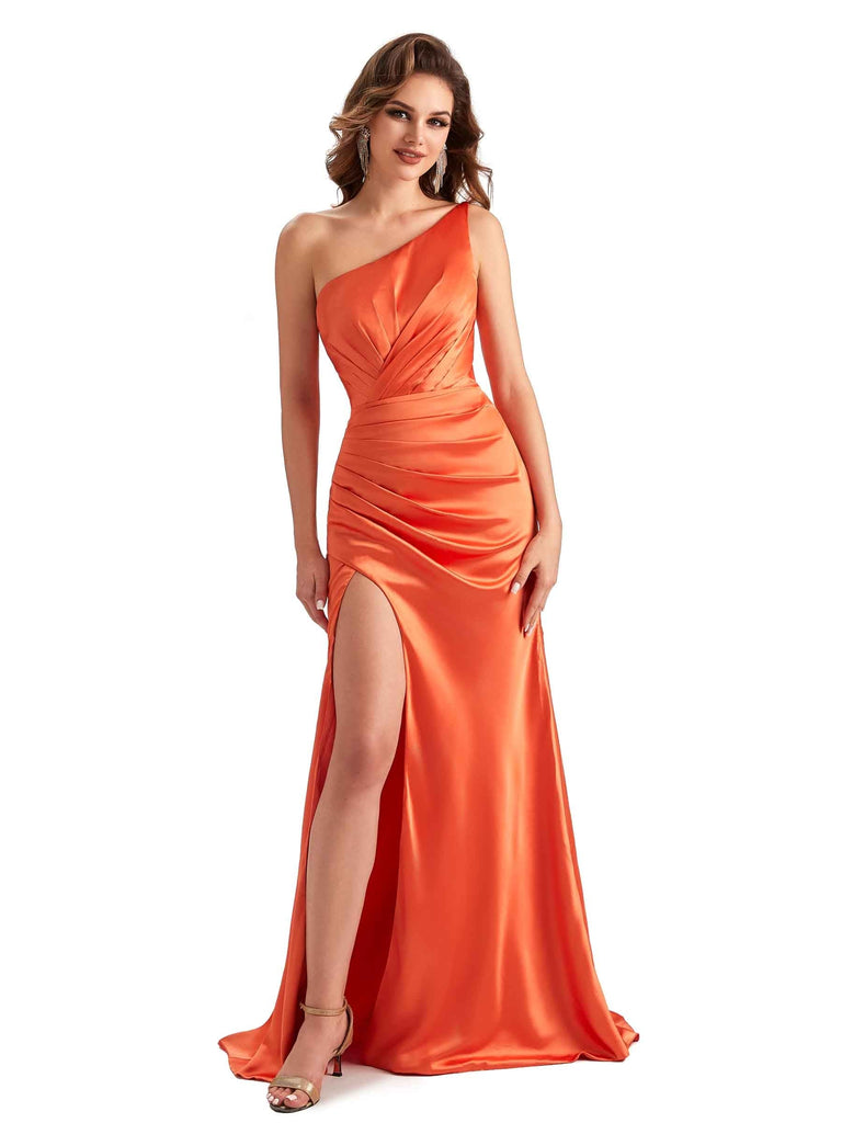 One Shoulder Sexy Side Slit Mermaid Silky Satin Maxi Unique Wedding Party Guest Dresses