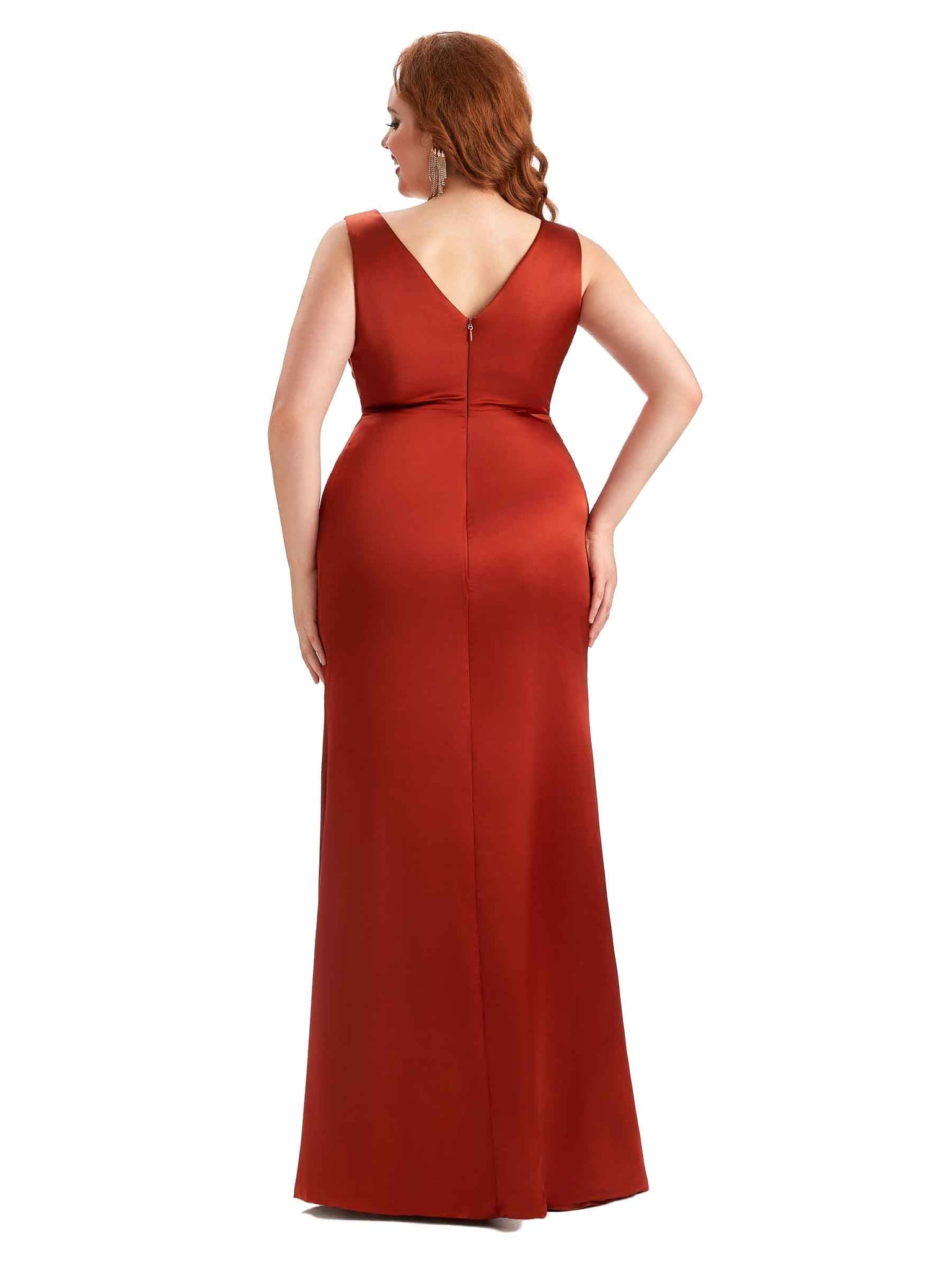 Sexy Side Slit V-Neck A-line Soft Satin Long Plus Size Wedding Party Dresses UK