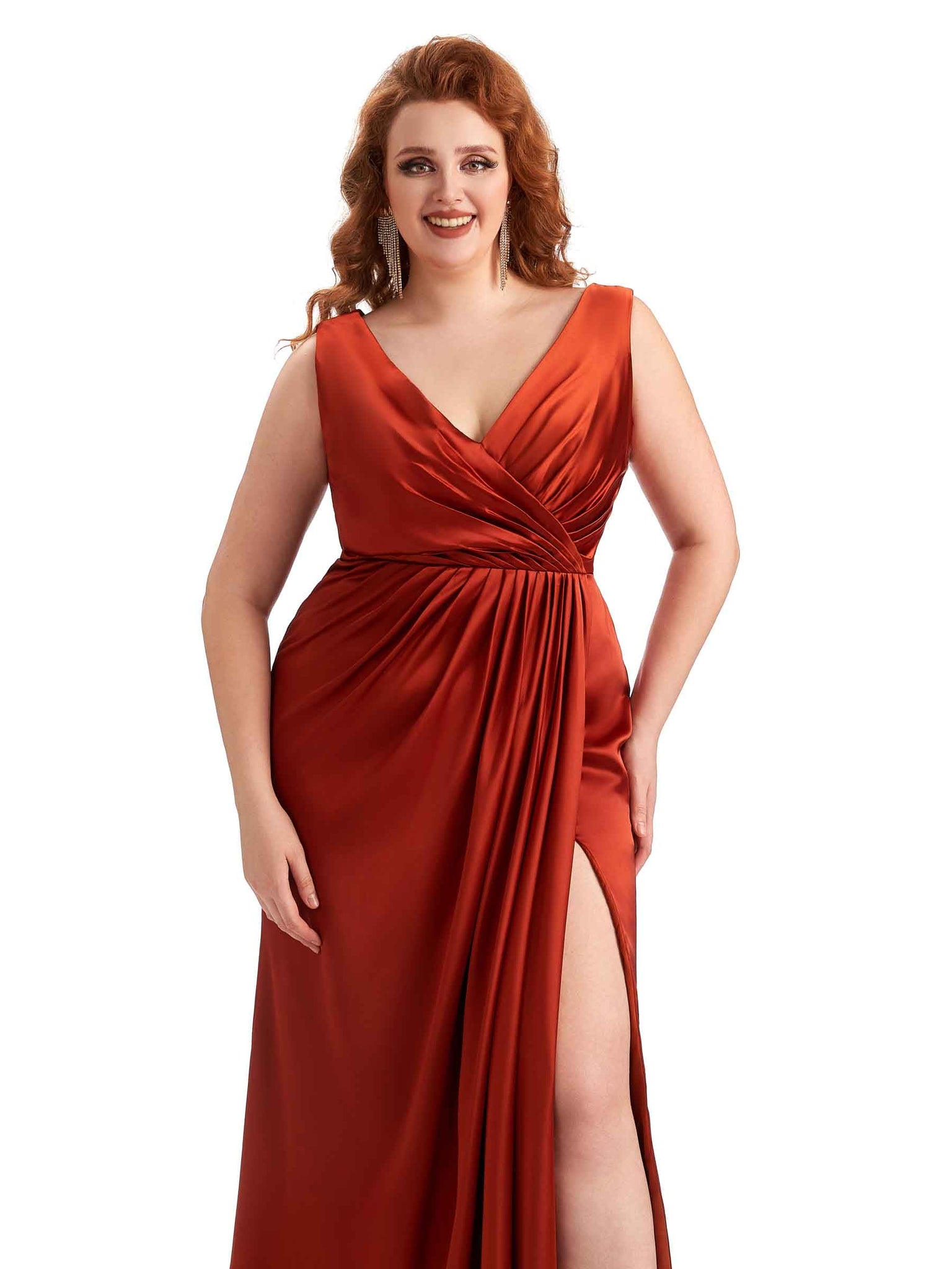 Sexy Side Slit V-Neck A-line Soft Satin Long Plus Size Wedding Party Dresses UK