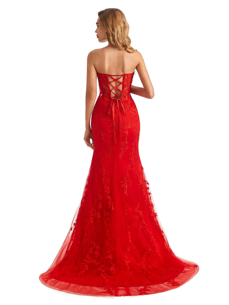 Sexy Strapless Lace Mermaid Lace-Up Back Floor-length Long Party Prom Dresses