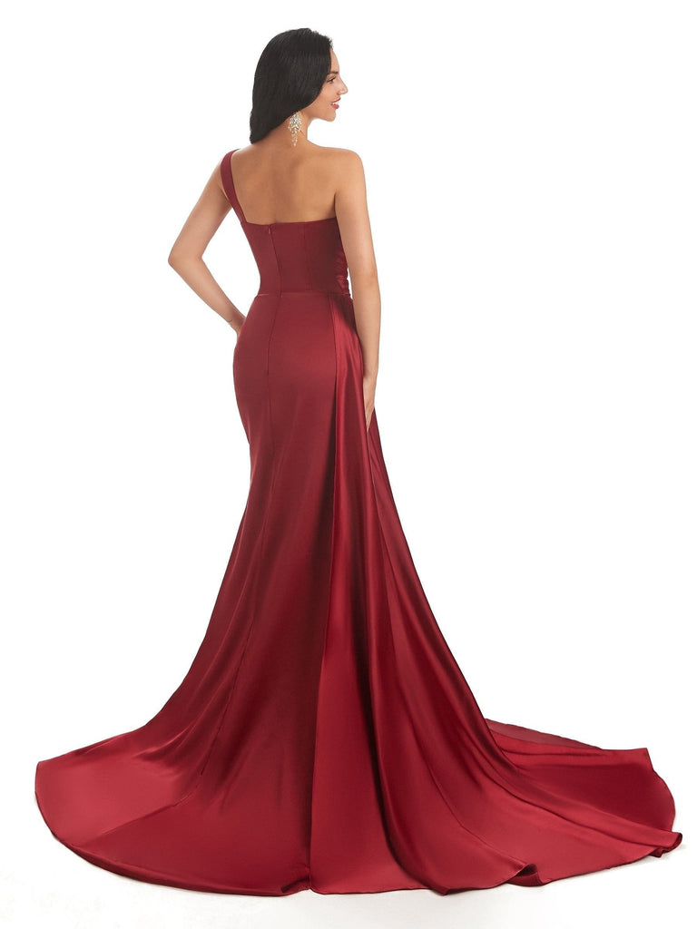 Sexy Soft Satin Side Slit One Shoulder Mermaid Long Wedding Bridesmaid Dresses Online Sale