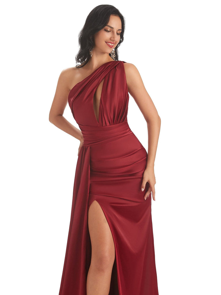 Sexy Soft Satin Side Slit One Shoulder Mermaid Long Wedding Bridesmaid Dresses Online Sale