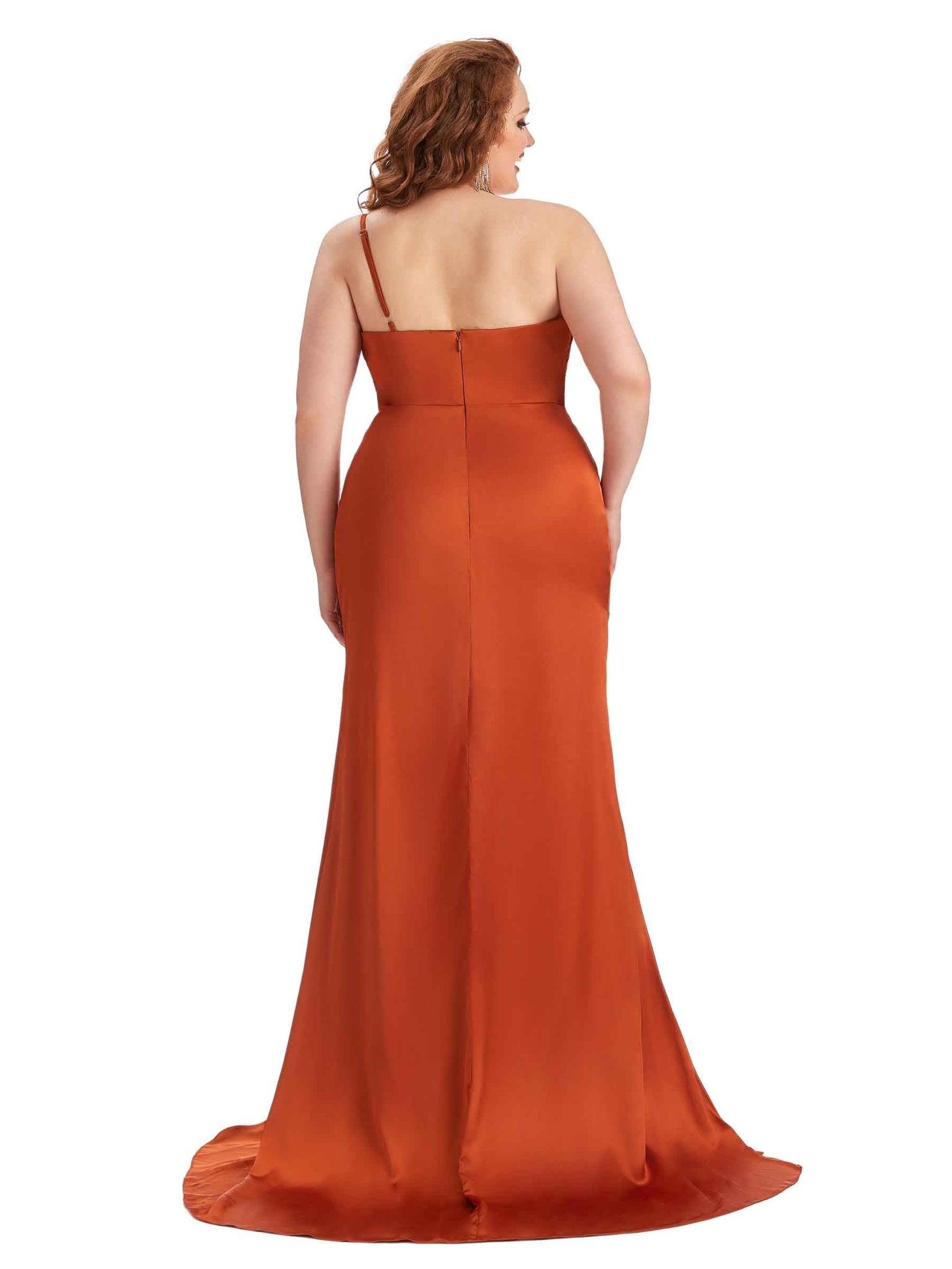Sexy One Shoulder Side Slit Mermaid Soft Satin Long Plus Size Matron of Honor Dress UK