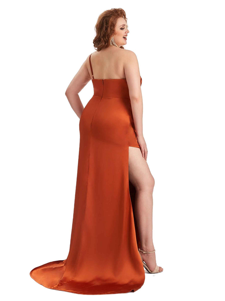 Sexy One Shoulder Side Slit Mermaid Soft Satin Long Plus Size Matron of Honor Dress UK