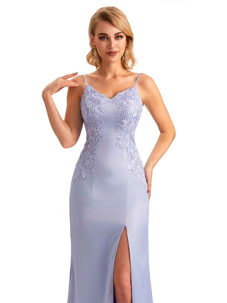 Sexy Side Split Lace Mermaid Spaghetti Straps Soft Stain Unique Long Bridesmaid Dresses