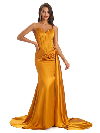 Sexy Side Slit Soft Satin Mermaid Long Spaghetti Straps Bridesmaid Dresses Online