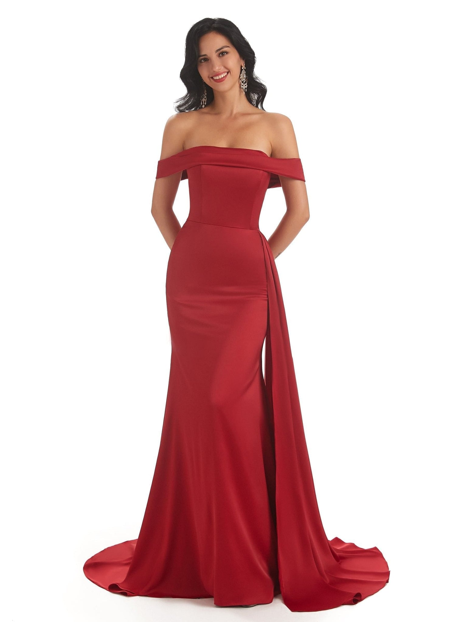 Off The Shoulder Stretch Satin Mermaid Long Bridesmaid Dresses Online UK