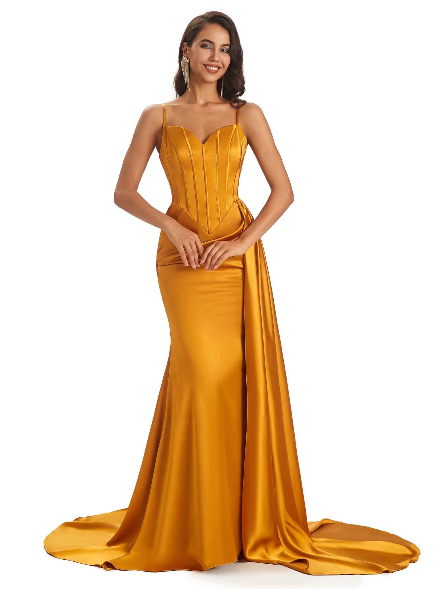 Sexy Soft Satin Side Slit Mermaid Long Spaghetti Straps Floor-Length Long Prom Dresses Online