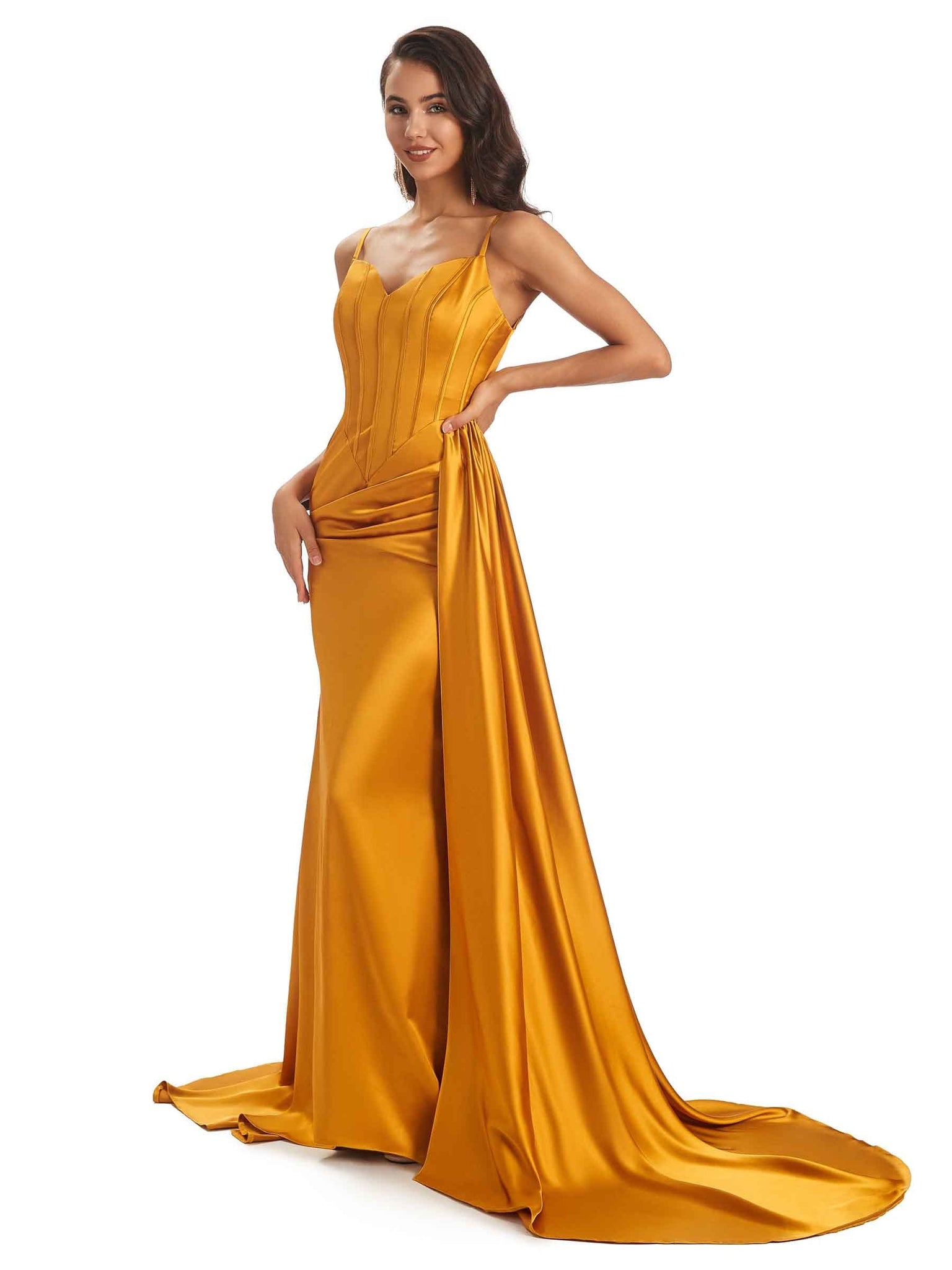 Sexy Soft Satin Side Slit Mermaid Long Spaghetti Straps Floor-Length Long Prom Dresses Online