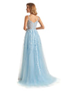 Tulle Blue Spaghetti Straps Side Slit A-Line Floor-length Long Party Prom Dresses