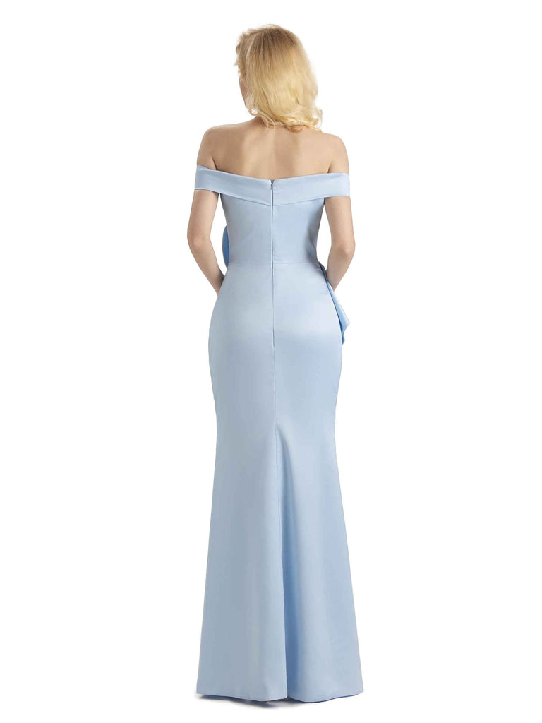 Sexy Mermaid Off The Shoulder Soft Satin Side Slit Long Bridesmaid Dresses With Ruffle