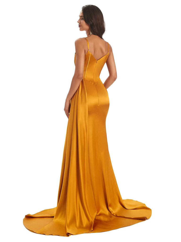 Sexy Soft Satin Side Slit Mermaid Long Spaghetti Straps Floor-Length Long Prom Dresses Online
