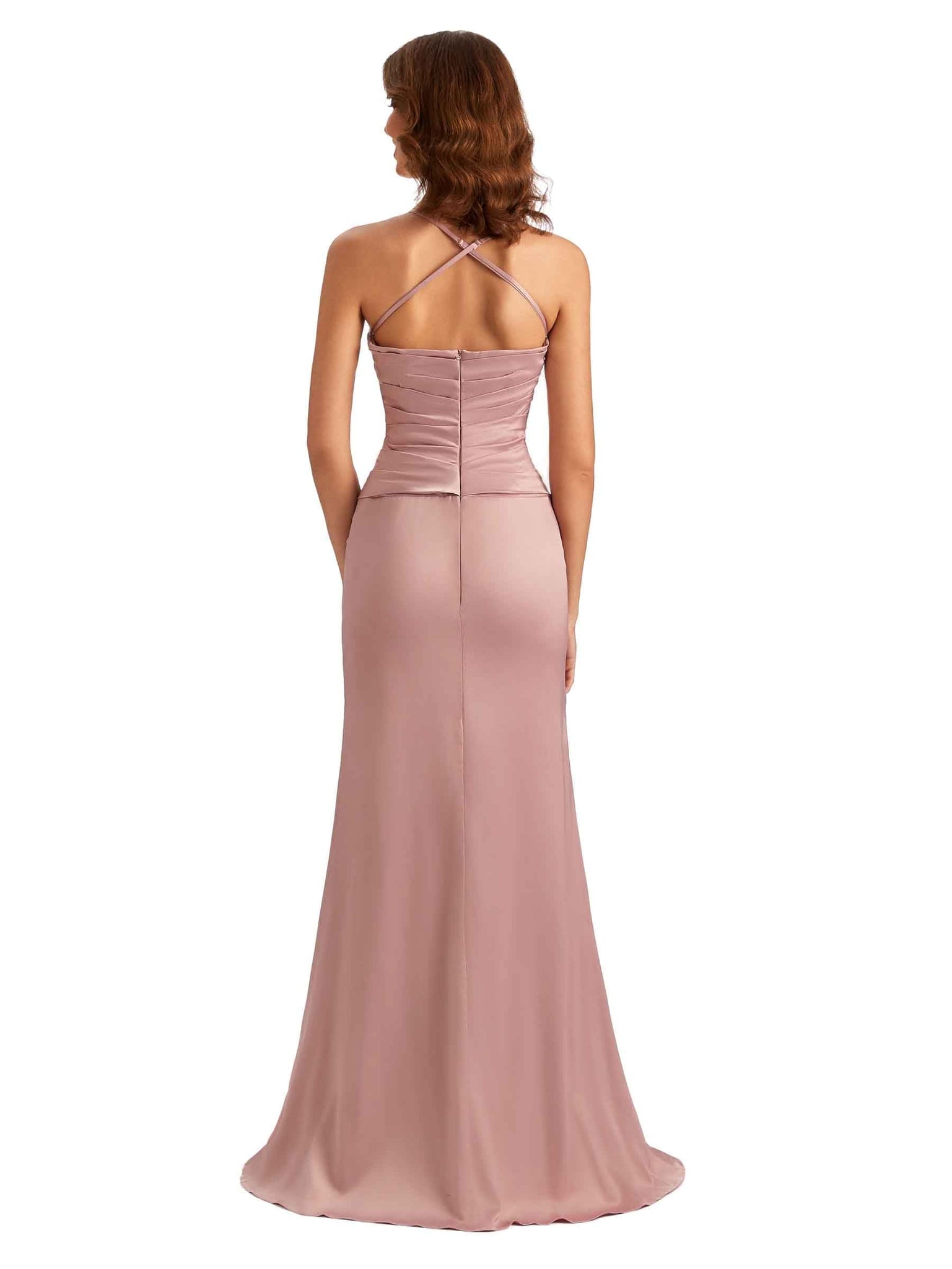 Sexy Side Slit V-neck Spaghetti Straps Mermaid Satin Petite Long Maid of Honor Dresses UK