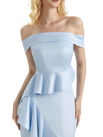 Sexy Mermaid Off The Shoulder Soft Satin Side Slit Long Bridesmaid Dresses With Ruffle Online Sale