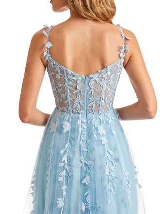 Tulle Blue Spaghetti Straps Side Slit A-Line Floor-length Long Party Prom Dresses