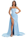 Sexy Soft Satin Side Slit Spaghetti Straps Floor-Length Mermaid Modern Prom Dresses