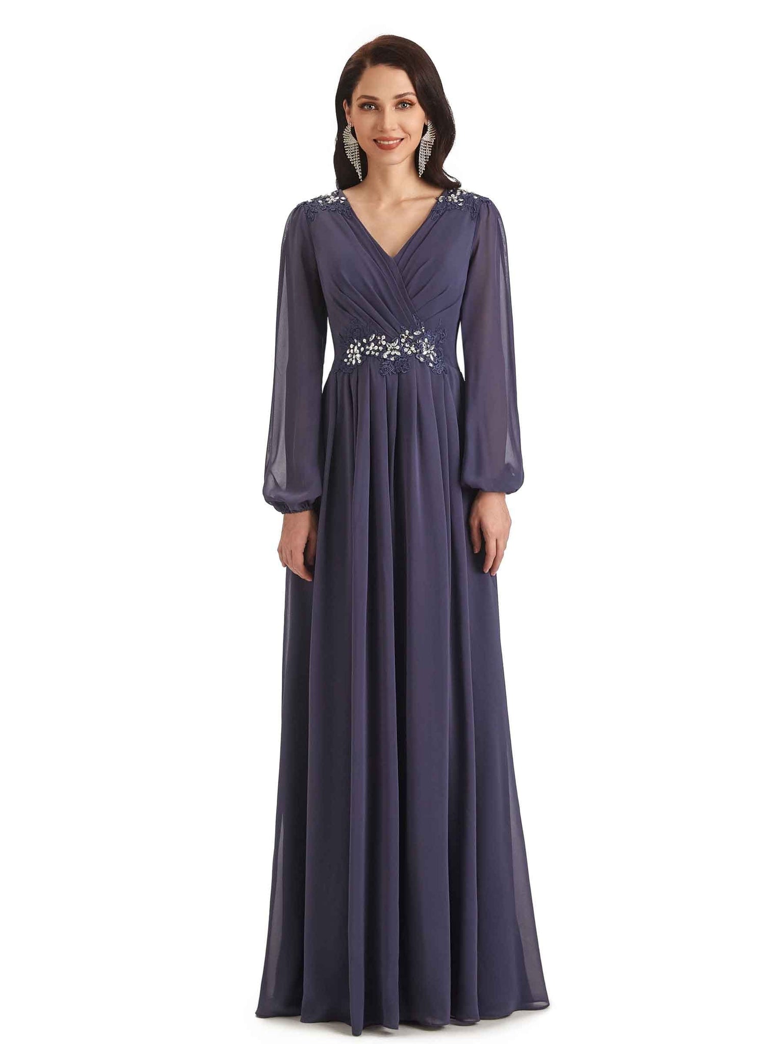 Modern Chiffon Long Sleeves Beaded V-neck Long Bridal Mother of The Bride Dresses UK