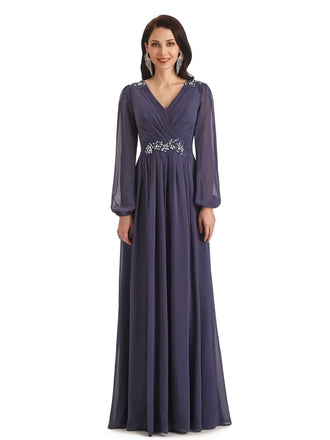 Modern Chiffon Long Sleeves V-neck Long Mother of The Bride Outfits