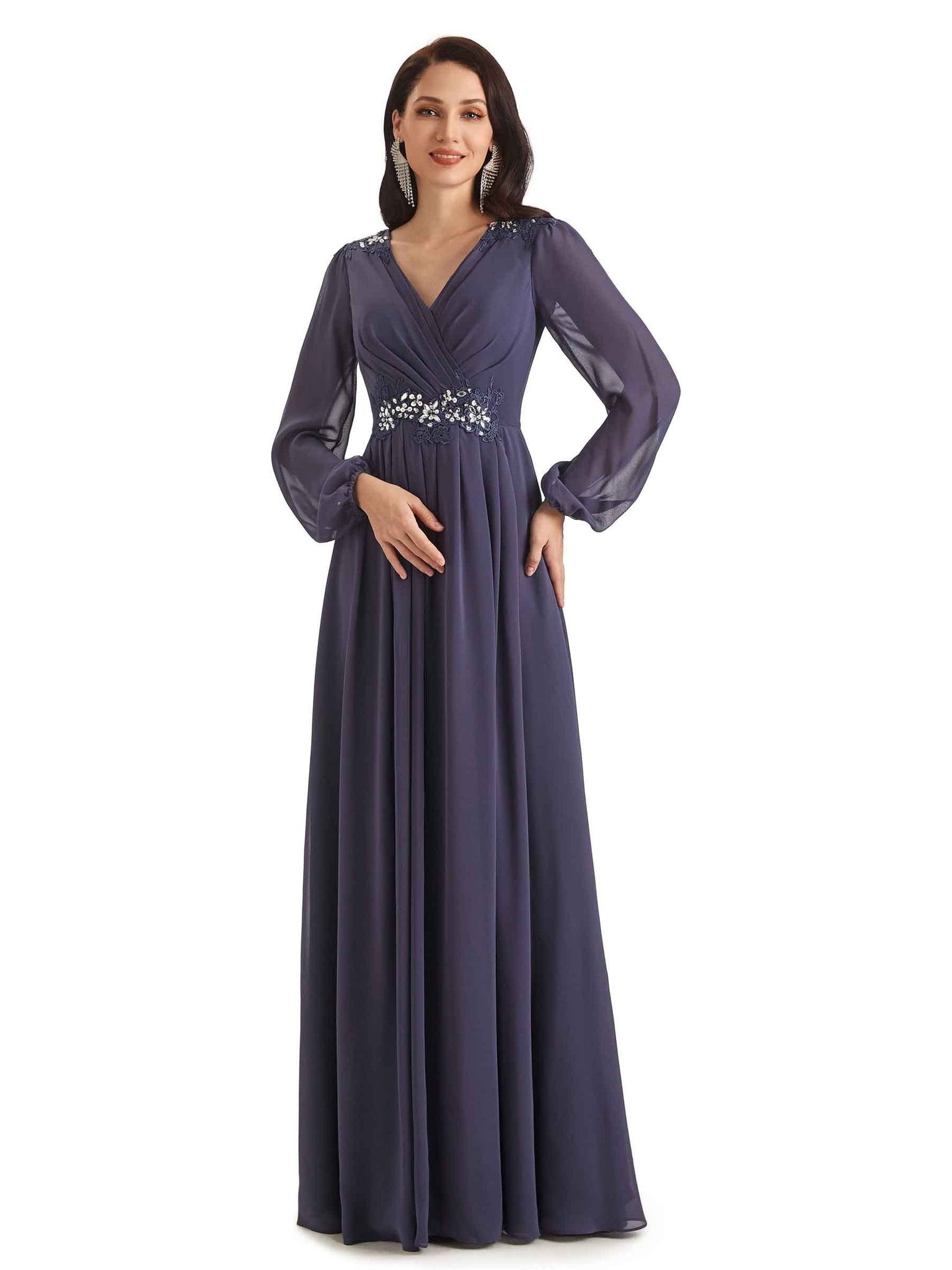 Modern Chiffon Long Sleeves Beaded V-neck Long Bridal Mother of The Bride Dresses UK