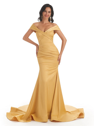 Elegant Cap sleeves Soft Satin Mermaid Long Prom Dresses